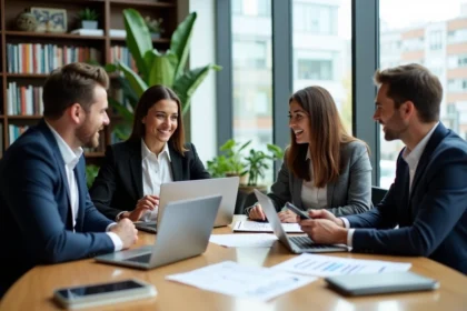 Groupe de professionnels en réunion autour d'une table digitale