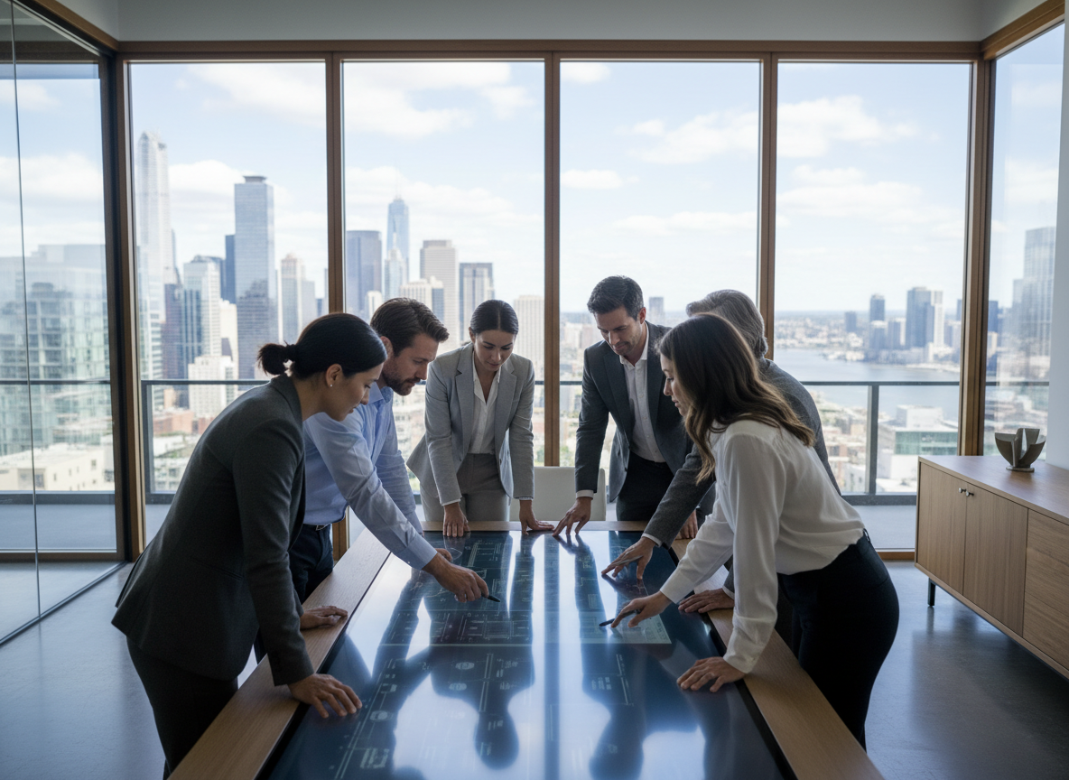 Groupe de professionnels en réunion autour d'une table digitale