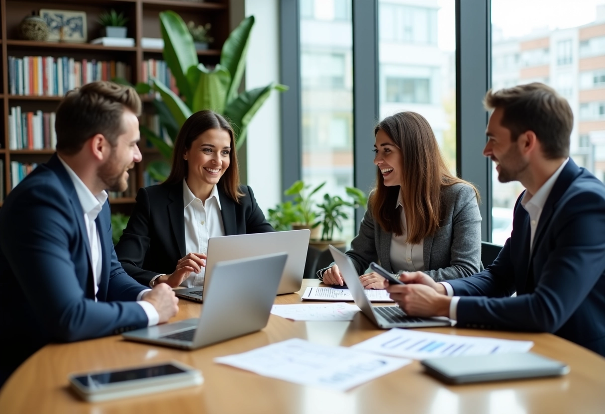 Groupe de professionnels en réunion autour d'une table digitale