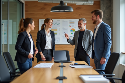 Groupe de professionnels en réunion dans un bureau moderne