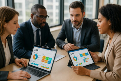Groupe de professionnels analysant des tableaux ERP modernes