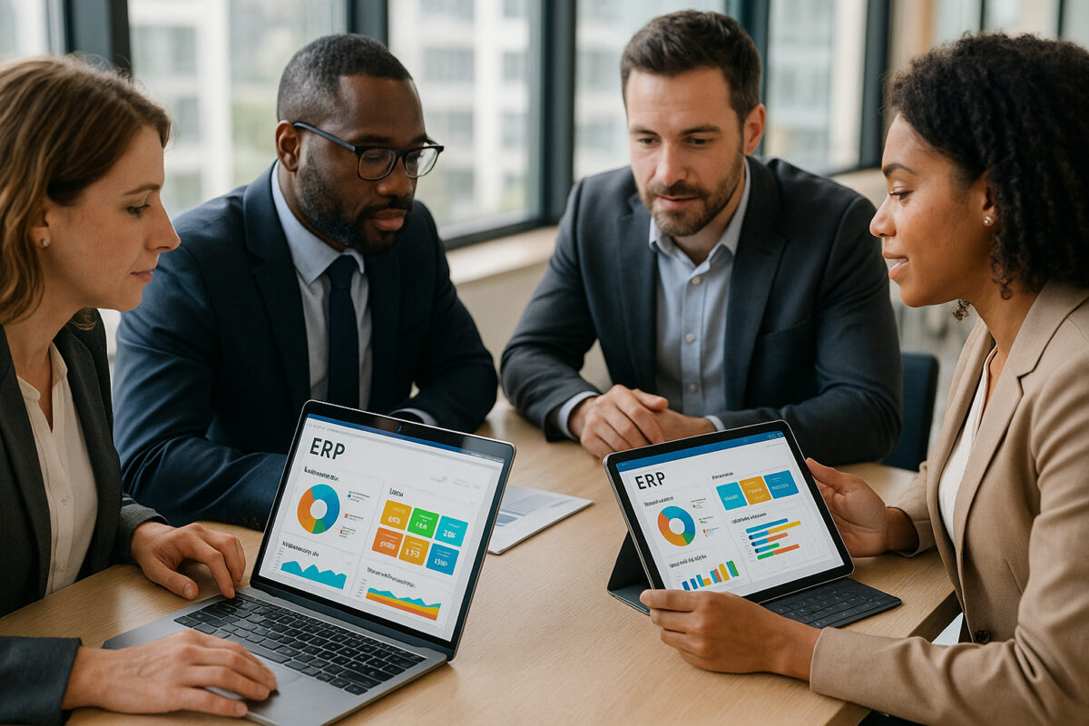 Groupe de professionnels analysant des tableaux ERP modernes