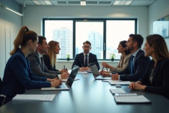 Groupe de professionnels discutant d'éthique en réunion