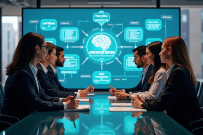 Groupe de professionnels analysant un écran d'IA avec éthique