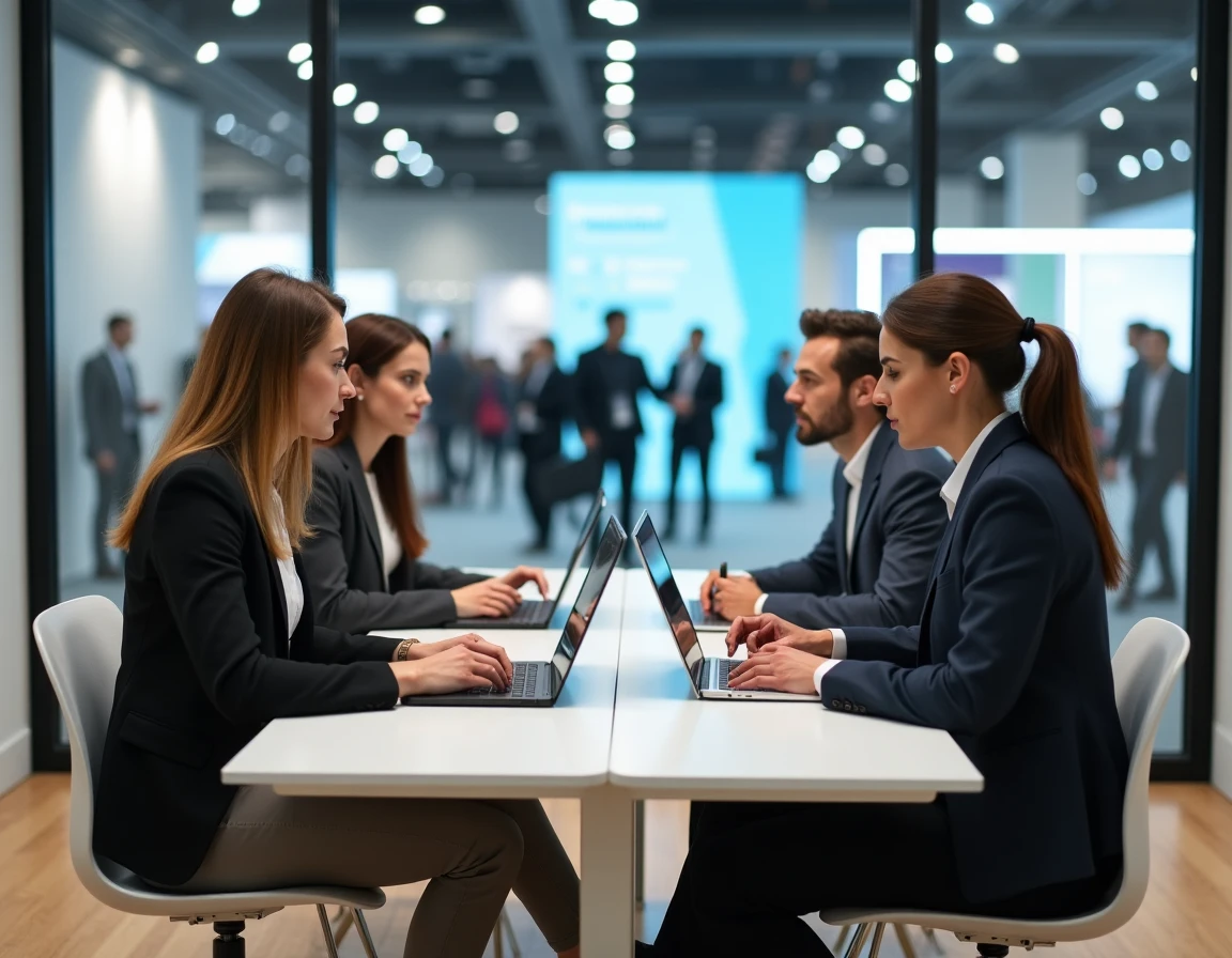 Groupe de professionnels préparant leurs rendez-vous d'affaires dans un espace de réunion de salon B2B