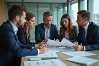 Groupe de professionnels en réunion dans une salle moderne
