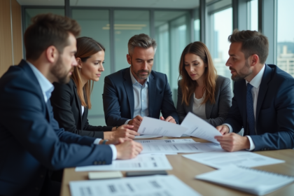 Groupe de professionnels en réunion dans une salle moderne