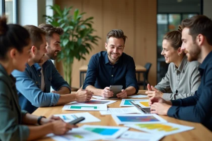 Groupe de professionnels en réunion dans une salle moderne
