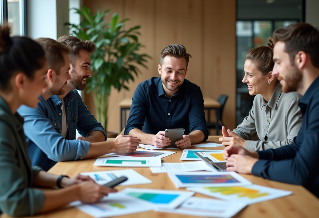 Groupe de professionnels en réunion dans une salle moderne