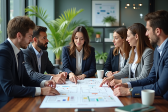 Groupe de professionnels discutant d'un flux marketing en réunion