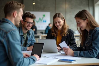 Groupe de jeunes professionnels discutant à Station F à Paris