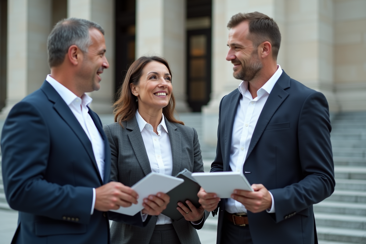 Groupe de professionnels discutant devant un bâtiment moderne