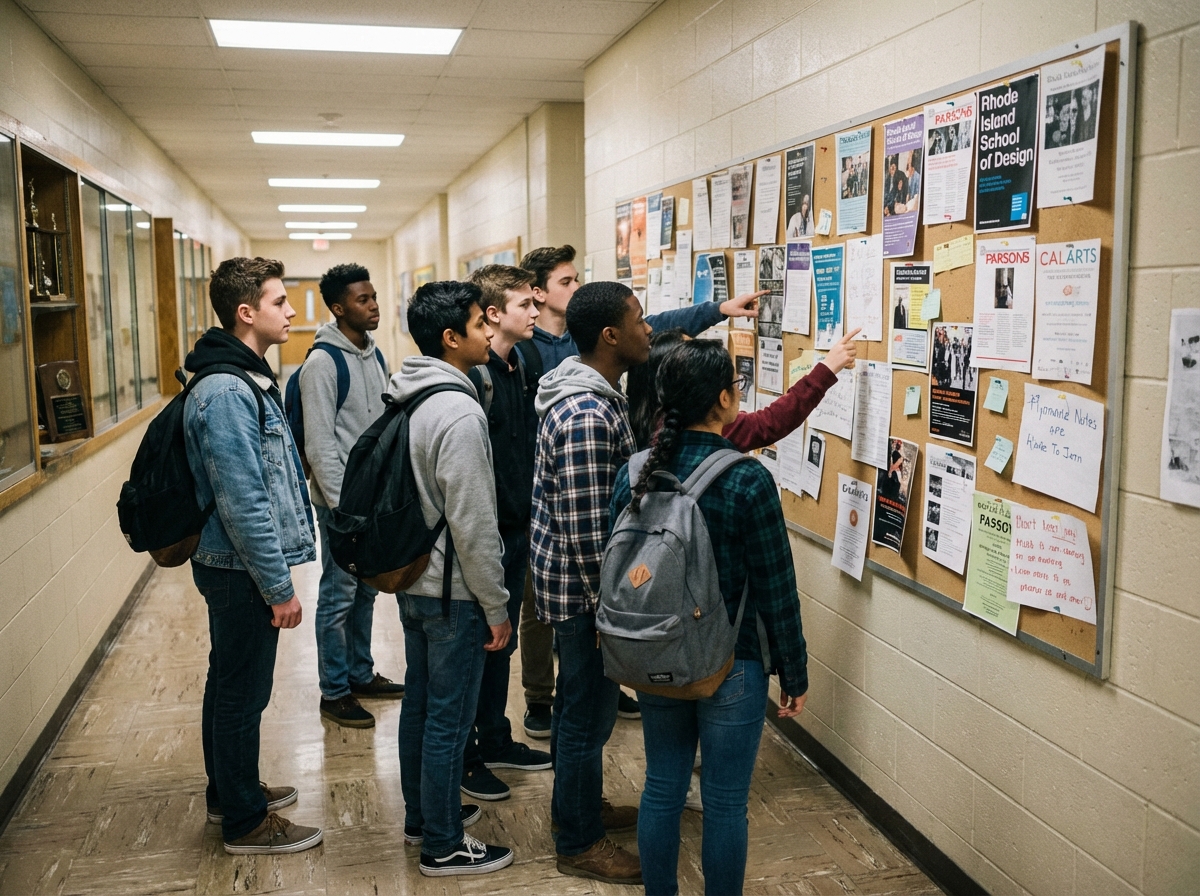 Groupe de lycéens discutant devant un panneau d