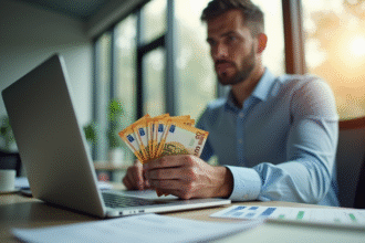 Homme d'affaires confiant dans un bureau moderne avec argent et documents