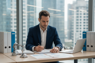 Homme d'affaires en costume bleu au bureau en train de lire des documents
