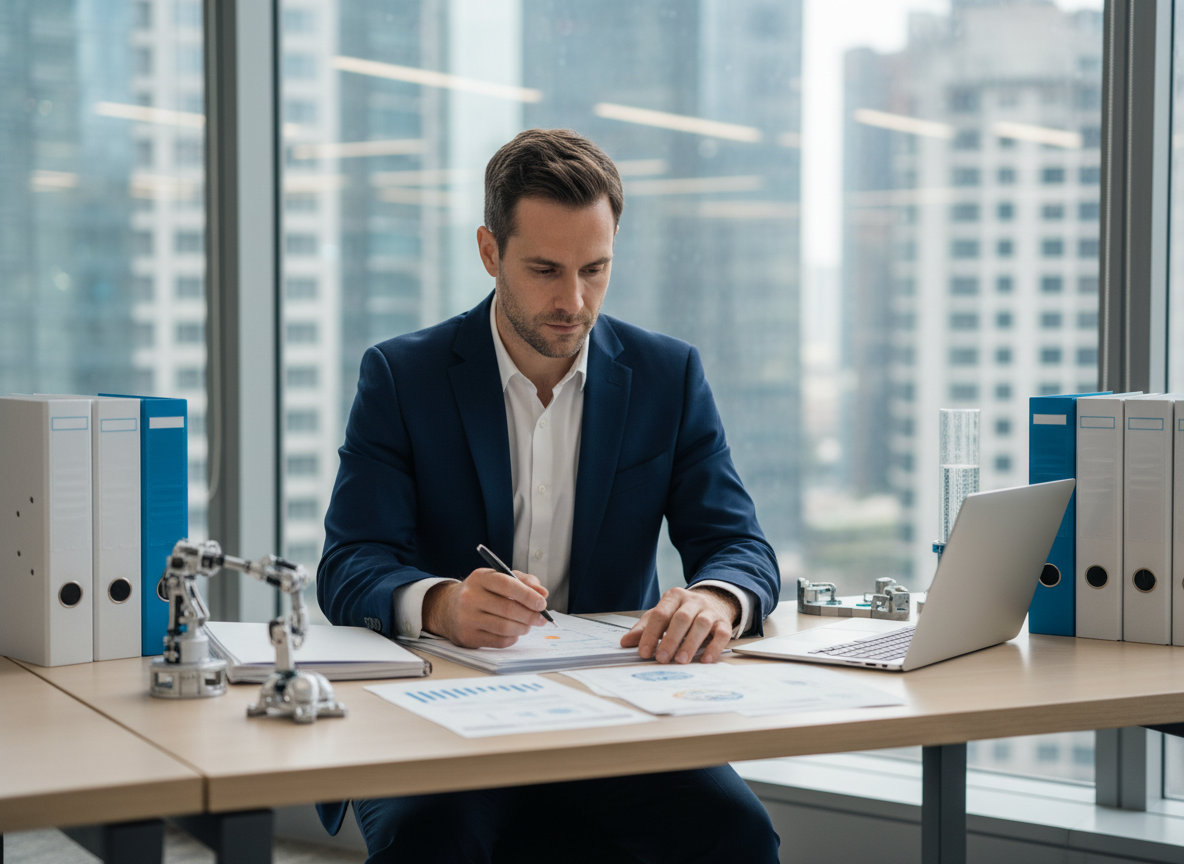Homme d'affaires en costume bleu au bureau en train de lire des documents