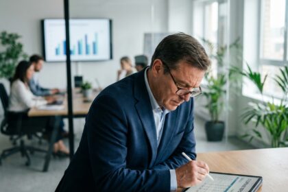 Homme d affaires concentré sur un rapport IT sur tablette