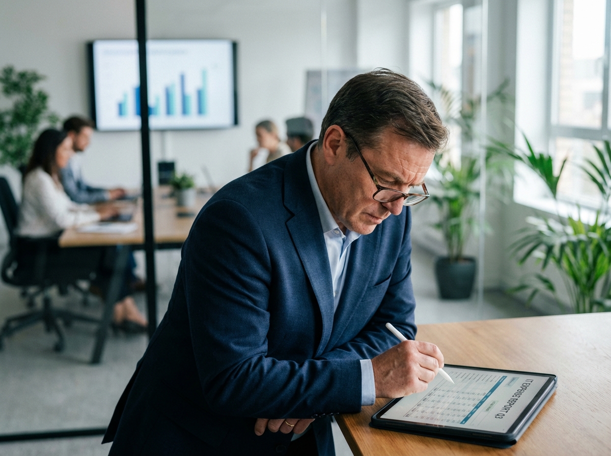 Homme d affaires concentré sur un rapport IT sur tablette