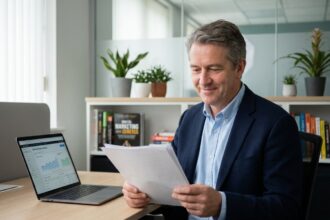 Homme d'affaires en bureau moderne avec ordinateur et rapports SEO