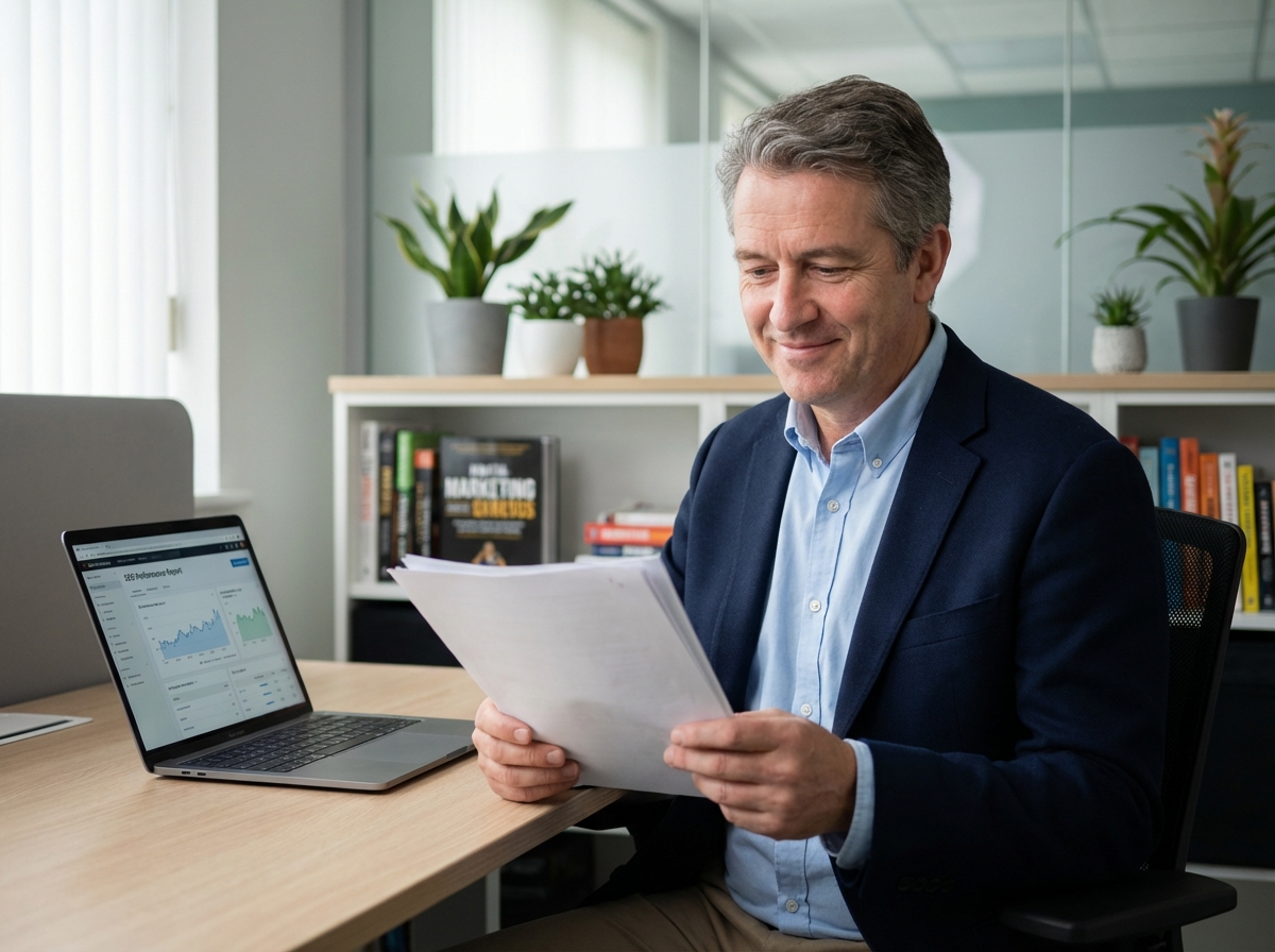 Homme d'affaires en bureau moderne avec ordinateur et rapports SEO