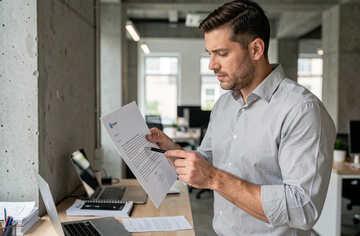 Homme en bureau moderne analysant la formule de politesse et la signature au bas d'une lettre professionnelle