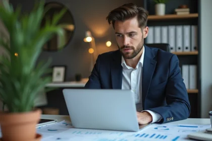 Homme d'affaires concentré sur ses analyses ecommerce au bureau