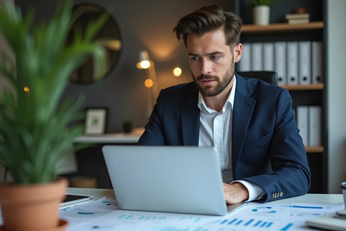 Homme d'affaires concentré sur ses analyses ecommerce au bureau