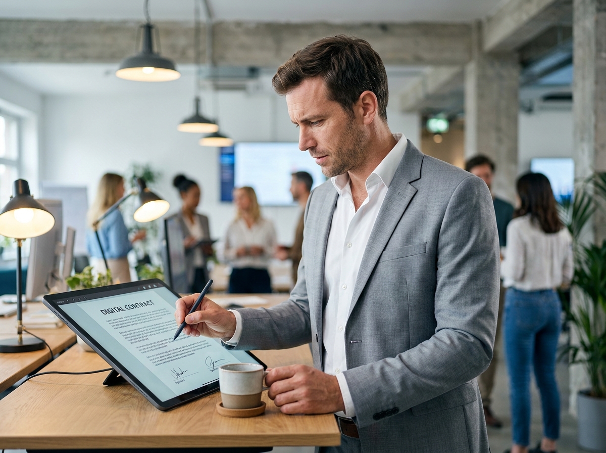 Homme d'affaires annotant un contrat numérique sur tablette dans un espace de travail moderne