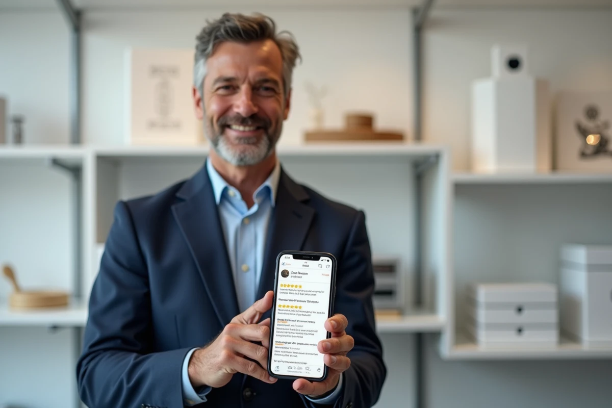 Homme en boutique consultant les avis vérifiés d'acheteurs sur smartphone, démontrant l'impact de la preuve sociale sur la décision d'achat en e-commerce
