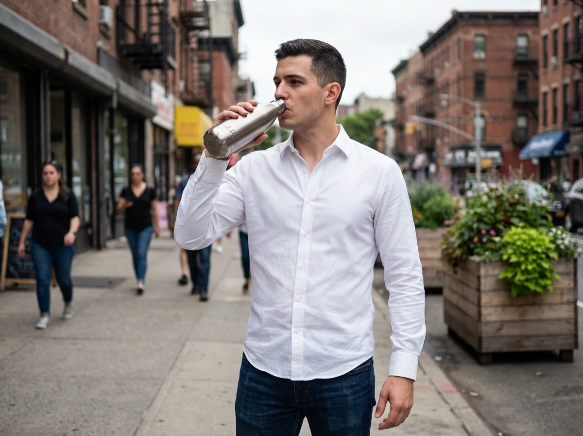Jeune homme buvant dans une bouteille en acier en ville