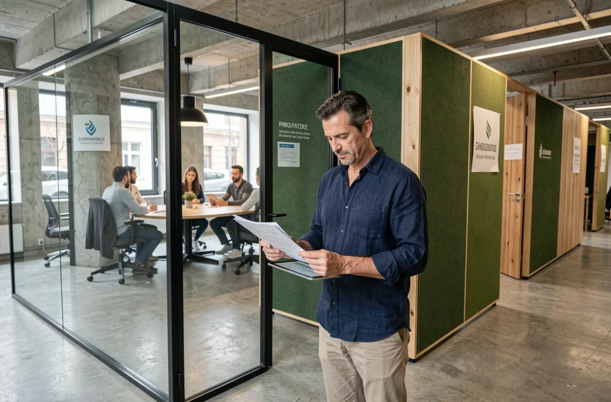 Homme consultant des documents budgétaires devant une cabine de bureau privée dans un coworking à Croix