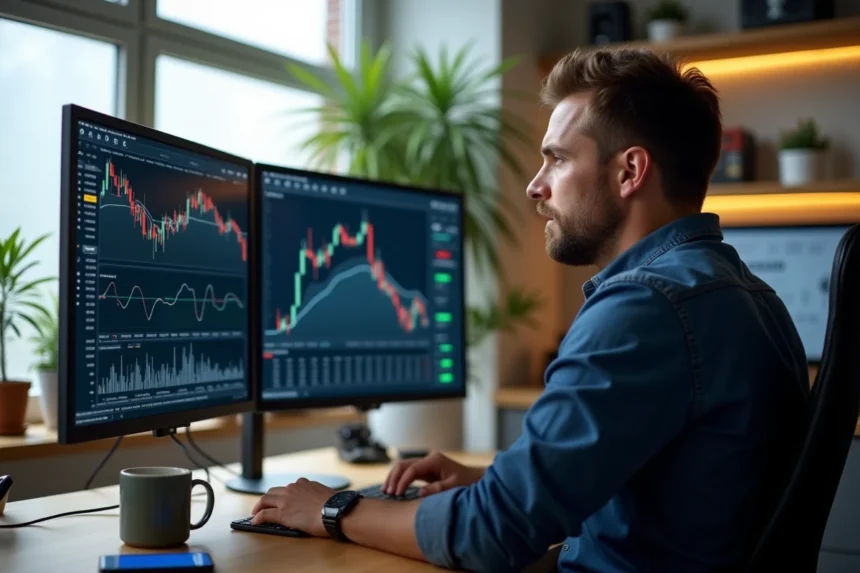 Homme travaillant sur une stratégie de diversification de revenus avec des graphiques financiers sur double écran dans un bureau à domicile moderne