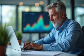 Homme d'âge moyen travaillant sur un ordinateur dans un bureau moderne