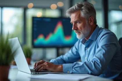 Homme d'âge moyen travaillant sur un ordinateur dans un bureau moderne