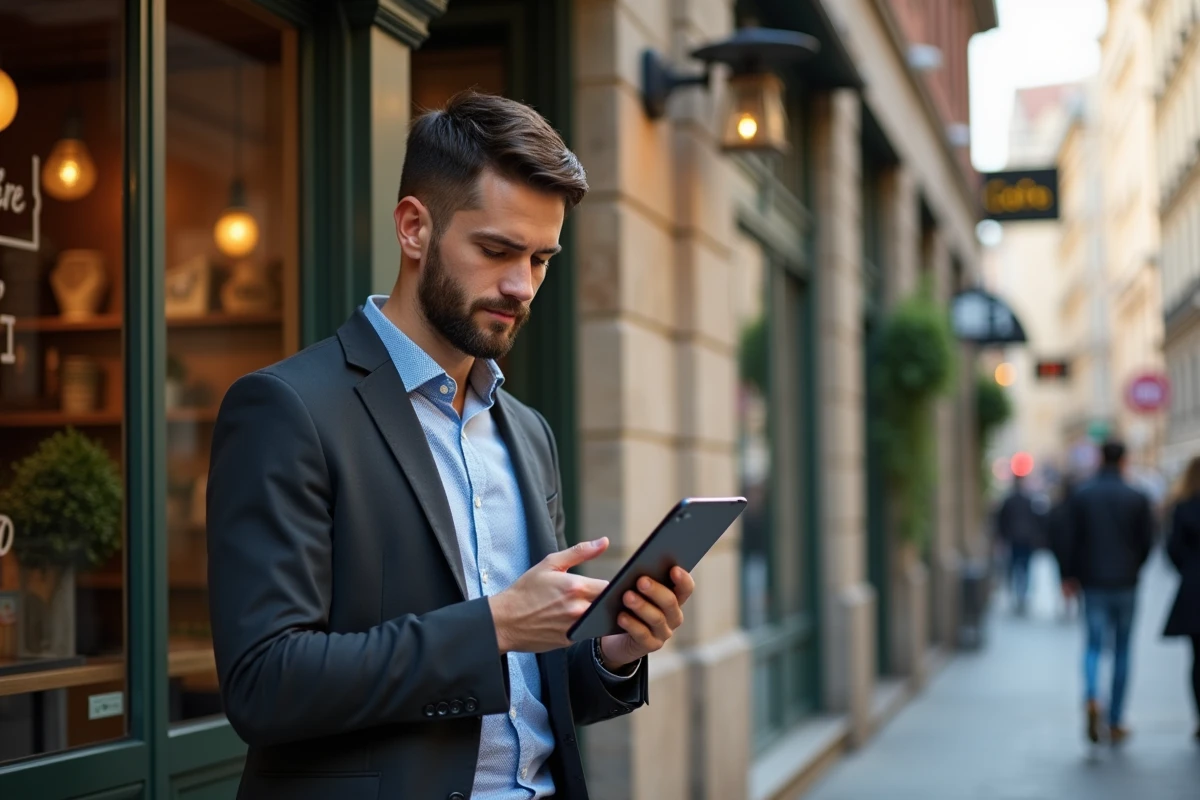 Homme d affaires utilisant une tablette devant un café animé