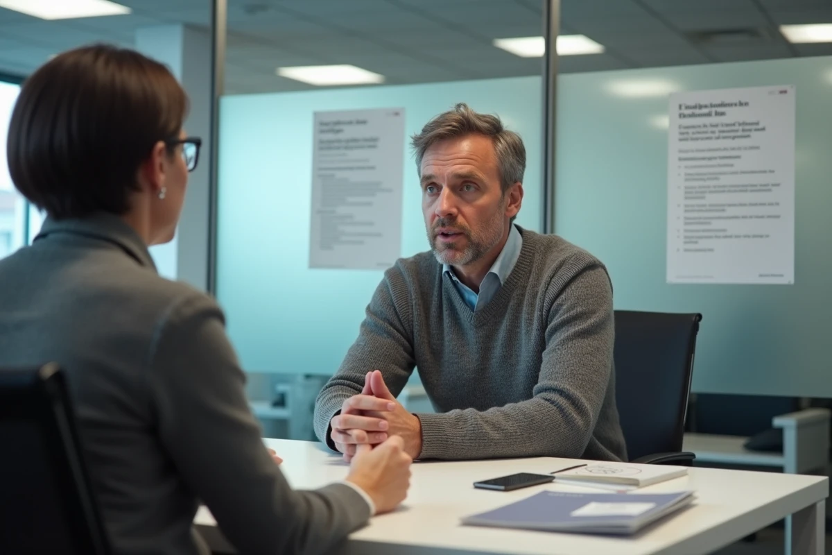 Homme en entretien avec un conseiller Pôle Emploi pour discuter du dispositif CSP et de son indemnisation