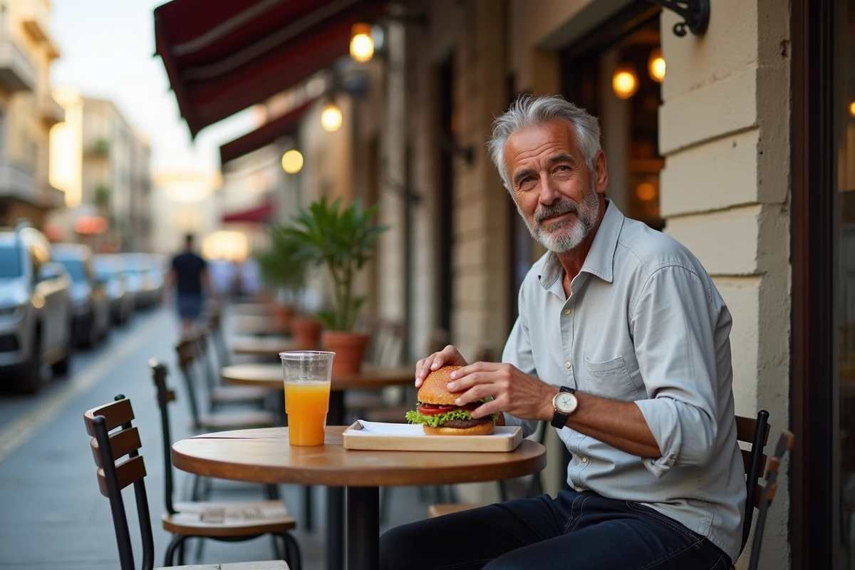 Homme corsicain mangeant un burger en plein air