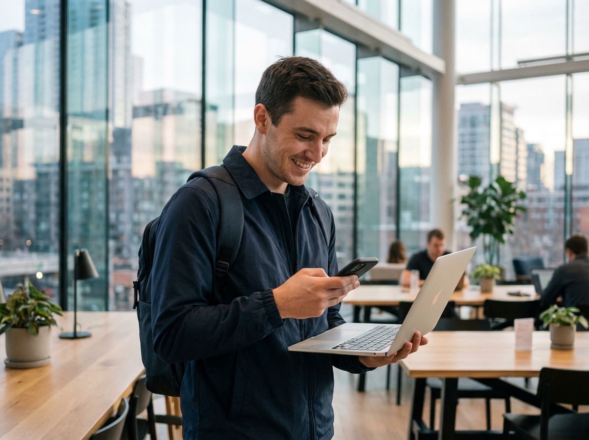 Homme dans espace de coworking avec ordinateur et smartphone