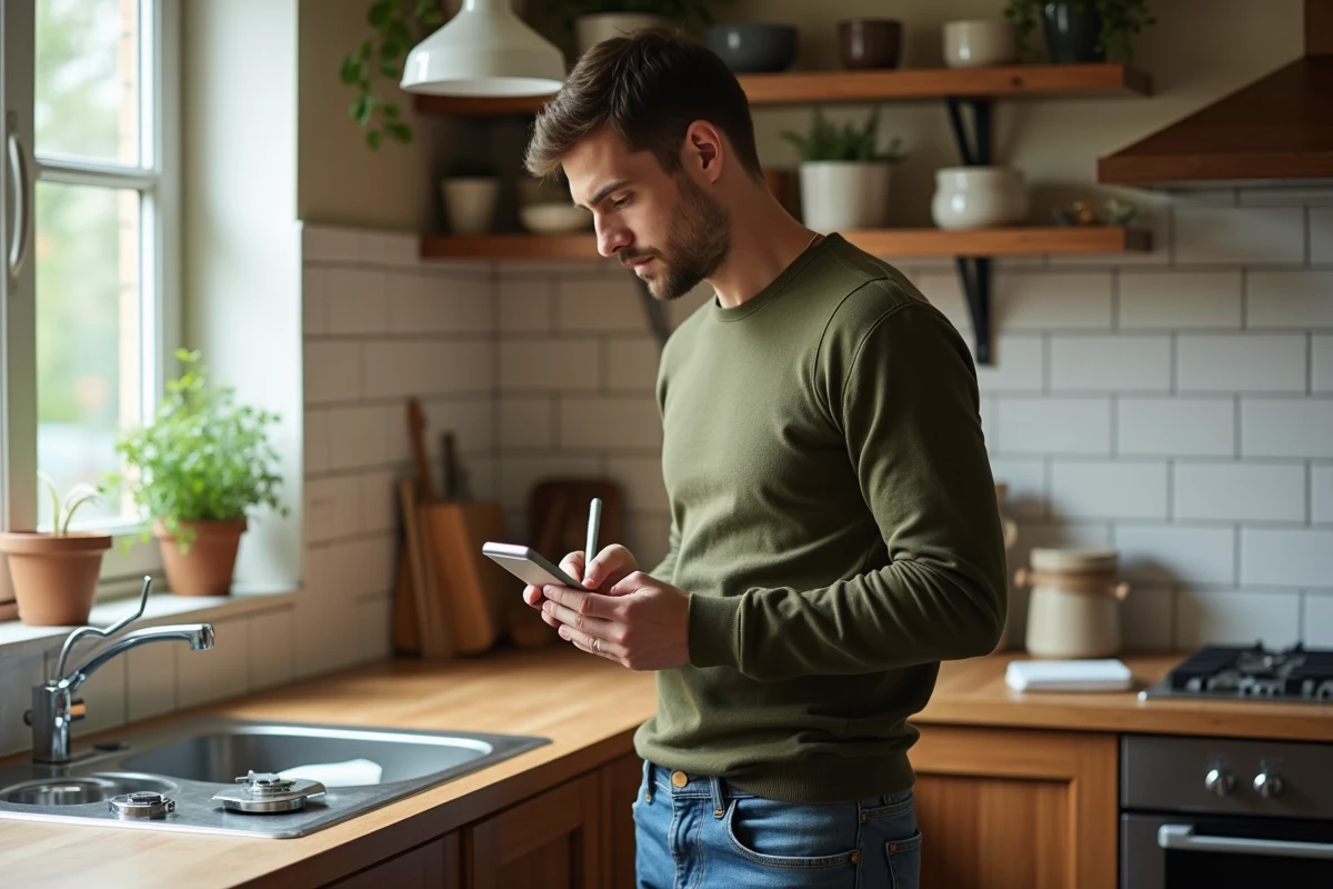 Homme en cuisine vérifiant son agenda sur smartphone