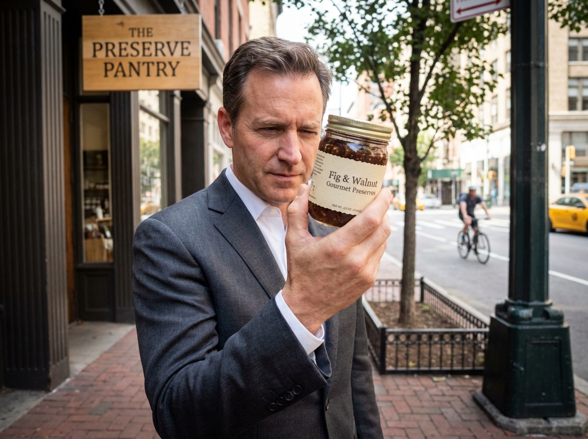 Homme daffaires regarde un pot de confiture dans la boutique