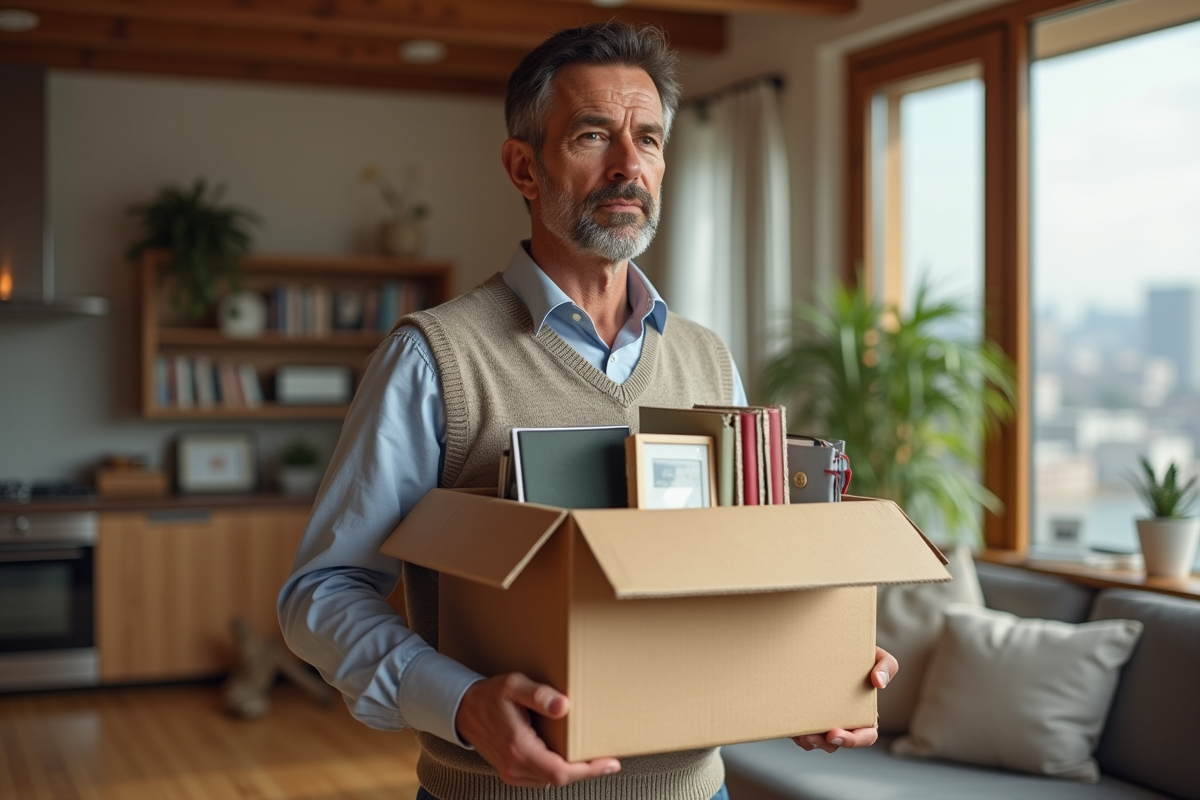 Homme tenant une boîte de déménagement dans un salon lumineux