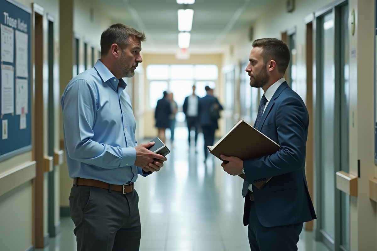 Homme en discussion avec un collègue dans un couloir