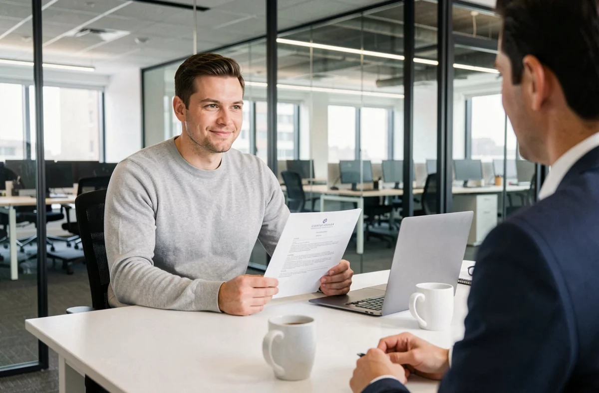 Homme en entretien d'embauche bien préparé grâce à une plateforme d'aide à la recherche d'emploi dans une salle de réunion moderne