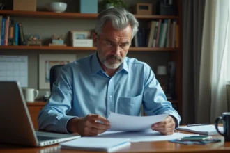 Homme inquiet examinant des documents dans son bureau