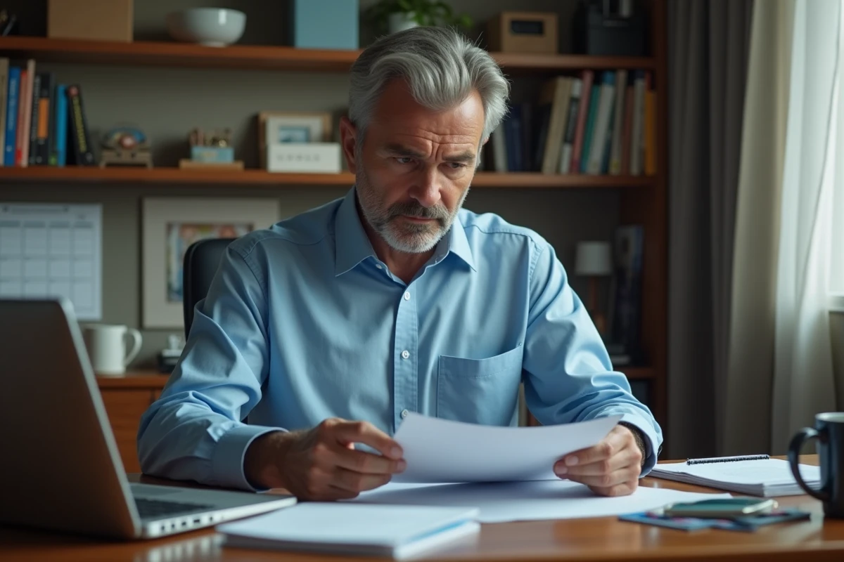 Homme inquiet examinant des documents dans son bureau