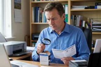 Homme d'âge moyen inspectant une cartouche d'encre à son bureau