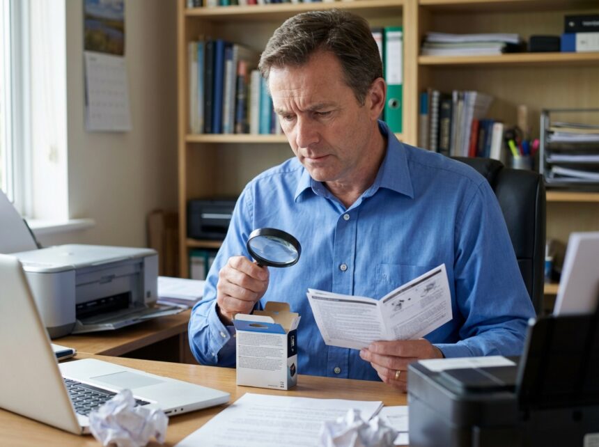 Homme d'âge moyen inspectant une cartouche d'encre à son bureau