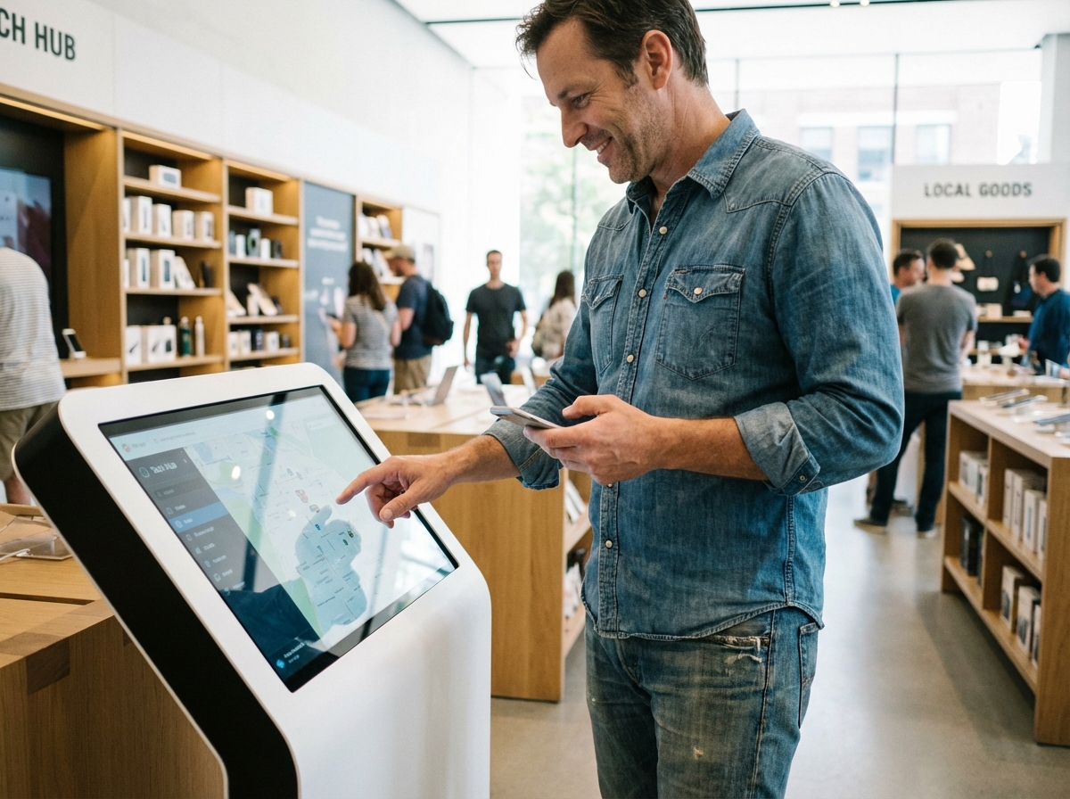 Homme en tenue décontractée utilisant un kiosque interactif en magasin