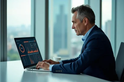 Homme d affaires en costume dans un bureau moderne avec tableau de bord digital