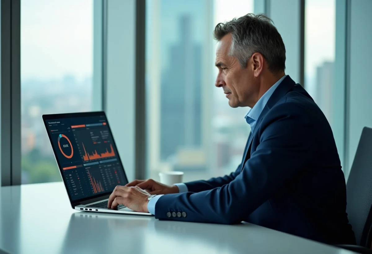 Homme d affaires en costume dans un bureau moderne avec tableau de bord digital